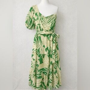 Tropical One Shoulder Midi Dress Puff Sleeve Belted Resort Vacation Chic Large